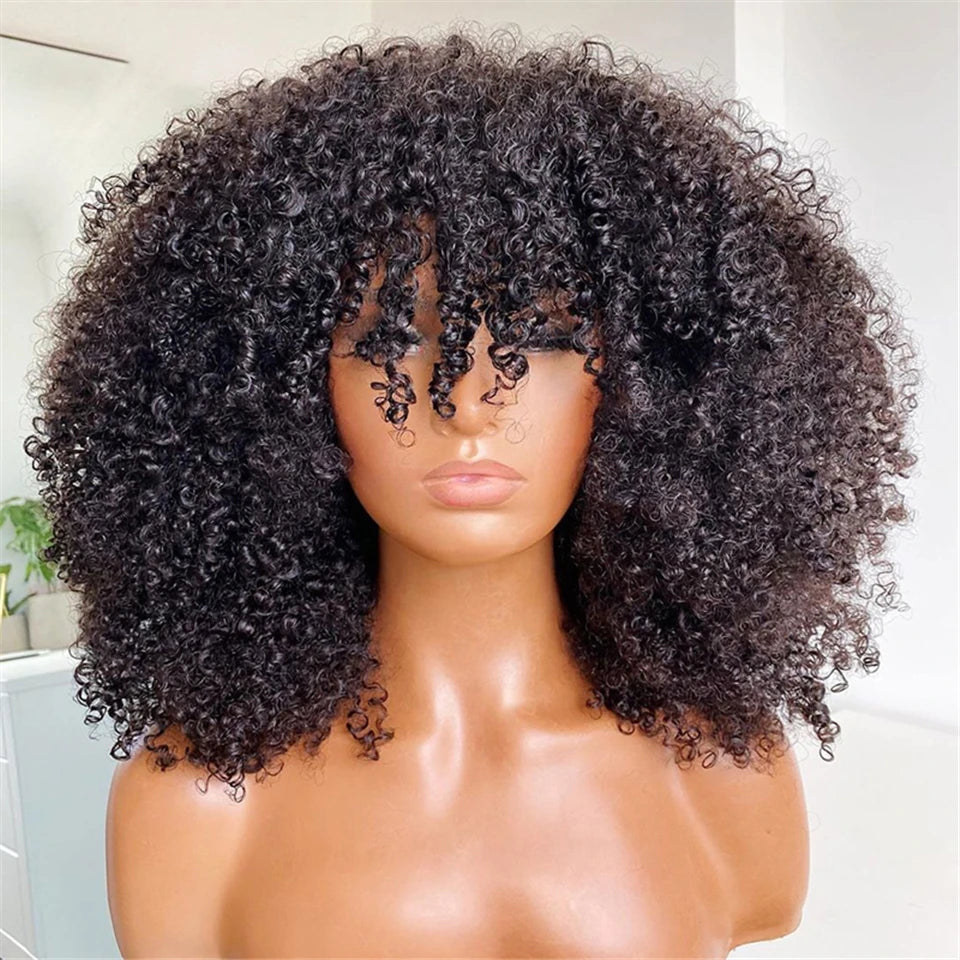 Afro Kinky Curly Human Hair Wig with Bangs