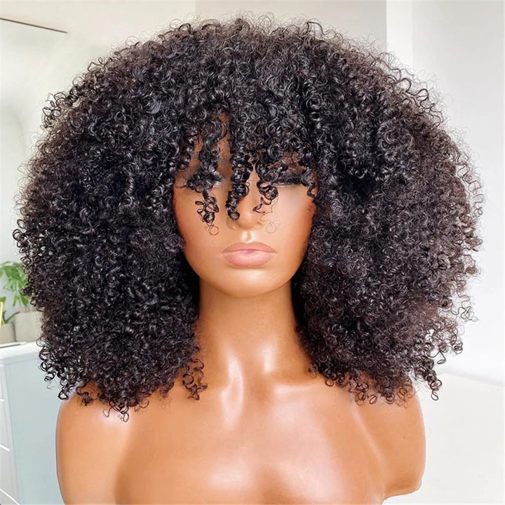Afro Kinky Curly Human Hair Wig with Bangs