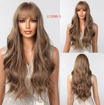 Long Curly Wine Burgundy Red Synthetic Wigs with Long Bangs for Women Afro Deep Wave Cosplay Party Natural Hair Heat Reisitant
