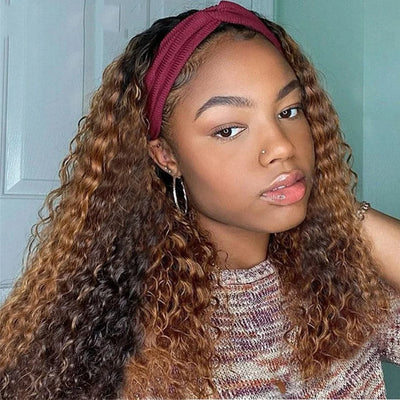 Ombre Highlight Headband Wig Human Hair 4/27 Colored Kinky Curly Headband Wig for Black Women Glueless Ombre Brazilian Scarf Wig