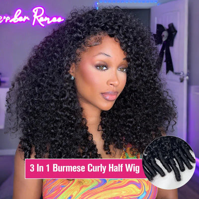 Burmese Curly Human Hair Wigs For Women Brazilian 4C Afro Kinky Culry 3 IN 1 Half Wig 100% Human Hair Wigs On Sale 300% Density