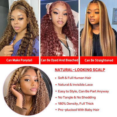 180 200 250 Density Deep Wave Human Hair Wig for Women 4/27 Highlight 13x4 HD Lace Frontal Human Hair Wig 5x5 HD Lace Closure Wig