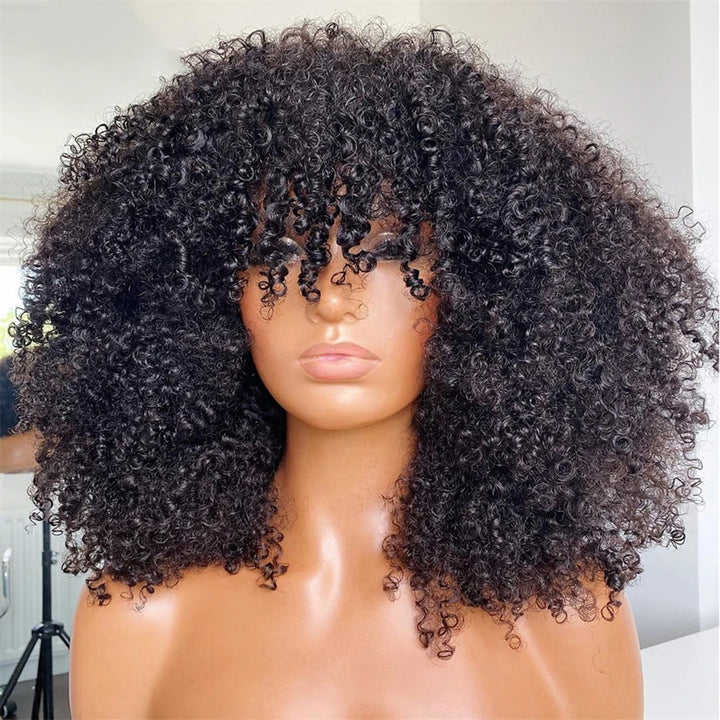 Afro Kinky Curly Human Hair Wig with Bangs