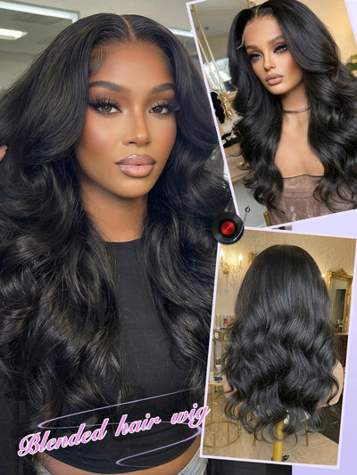 Lace Front Wig Blended Human Hair Synthetic Mix Natural Black Long  Hairpieces For Black Women Beginner Friendly Daily Wear