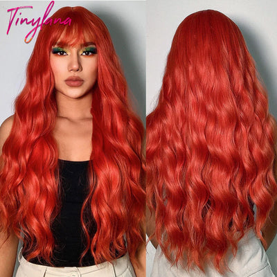 Long Curly Wine Burgundy Red Synthetic Wigs with Long Bangs for Women Afro Deep Wave Cosplay Party Natural Hair Heat Reisitant