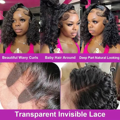Deep Wave Lace Front Wigs Human Hair 200 Density 5x5 Glueless Lace Front Wigs Human Hair Brazilian Curly Wig Wet Wavy Glueless Frontal Wigs for Women Natural Black Deep Wave Wig