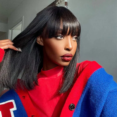 Short Bob 3x1 Lace Scalp Wigs With Bangs 180% Density Short Straight Fringe Wigs For Black Women Brazilian Remy Human Hair