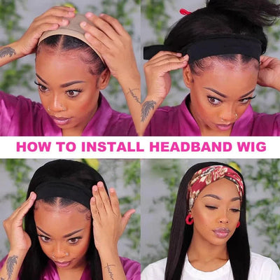 Ombre Highlight Headband Wig Human Hair 4/27 Colored Kinky Curly Headband Wig for Black Women Glueless Ombre Brazilian Scarf Wig