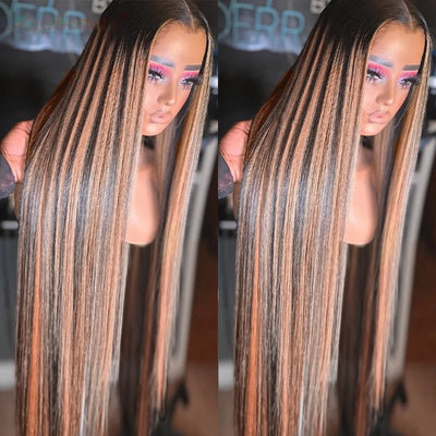 1B 30 Highlight Frontal Wigs Human Hair 30 Inch Ombre Brown Colored 13x4 Bone Straight Lace Front Wig Pre Plucked On Sale