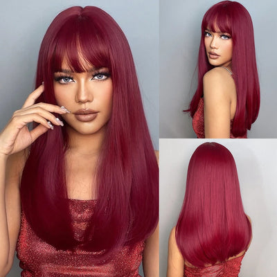 Long Curly Wine Burgundy Red Synthetic Wigs with Long Bangs for Women Afro Deep Wave Cosplay Party Natural Hair Heat Reisitant