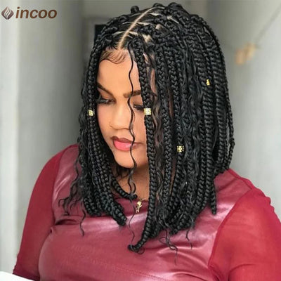 Synthetic 12Inch Short Bob Box Braided Wigs For Women Boho Knotless Box Braids With Curly Hair End Red Blonde Cornrows Braid Wig