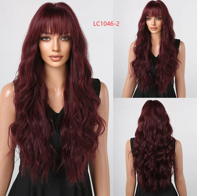 Long Curly Wine Burgundy Red Synthetic Wigs with Long Bangs for Women Afro Deep Wave Cosplay Party Natural Hair Heat Reisitant