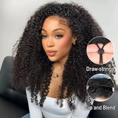 Half Wig Glueless Human Hair Wigs With Drawstring Seamless Clips 300 Density Kinky Curly Half Wigs Full Machine Made Wig