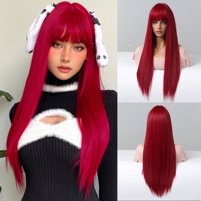 Long Curly Wine Burgundy Red Synthetic Wigs with Long Bangs for Women Afro Deep Wave Cosplay Party Natural Hair Heat Reisitant