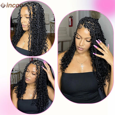 Synthetic 12Inch Short Bob Box Braided Wigs For Women Boho Knotless Box Braids With Curly Hair End Red Blonde Cornrows Braid Wig