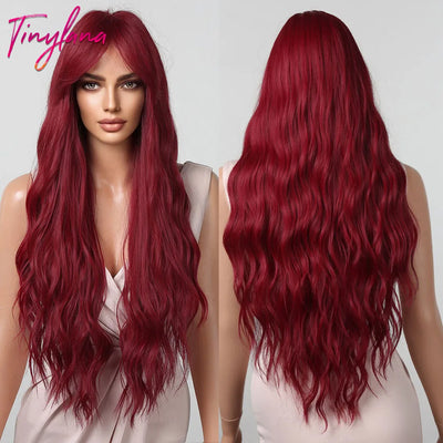 Long Curly Wine Burgundy Red Synthetic Wigs with Long Bangs for Women Afro Deep Wave Cosplay Party Natural Hair Heat Reisitant