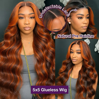 10A Ginger Brown Highlight Body Wave Lace Front Closure Wigs Human Hair 5x5 Pre-cut Lace Glueless Wig Ombre Ginger Orange #4/350