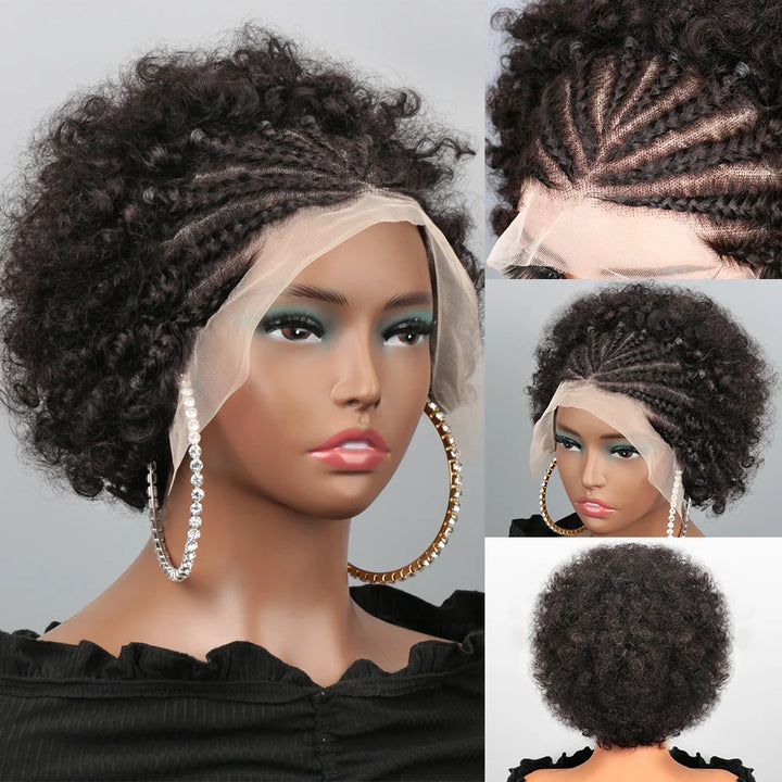 Afro Puff Cornrow Braided Lace Human Hair Wig