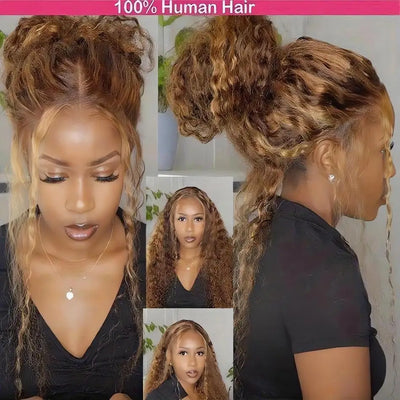 200 Density Invisible Strap Highlight Curly 360 Full Hd Lace Front Wig Honey Blonde Deep Wave Frontal Glueless Wig Human Hair