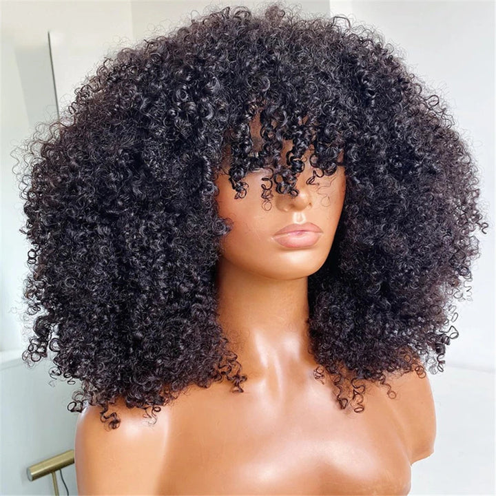 Afro Kinky Curly Human Hair Wig with Bangs