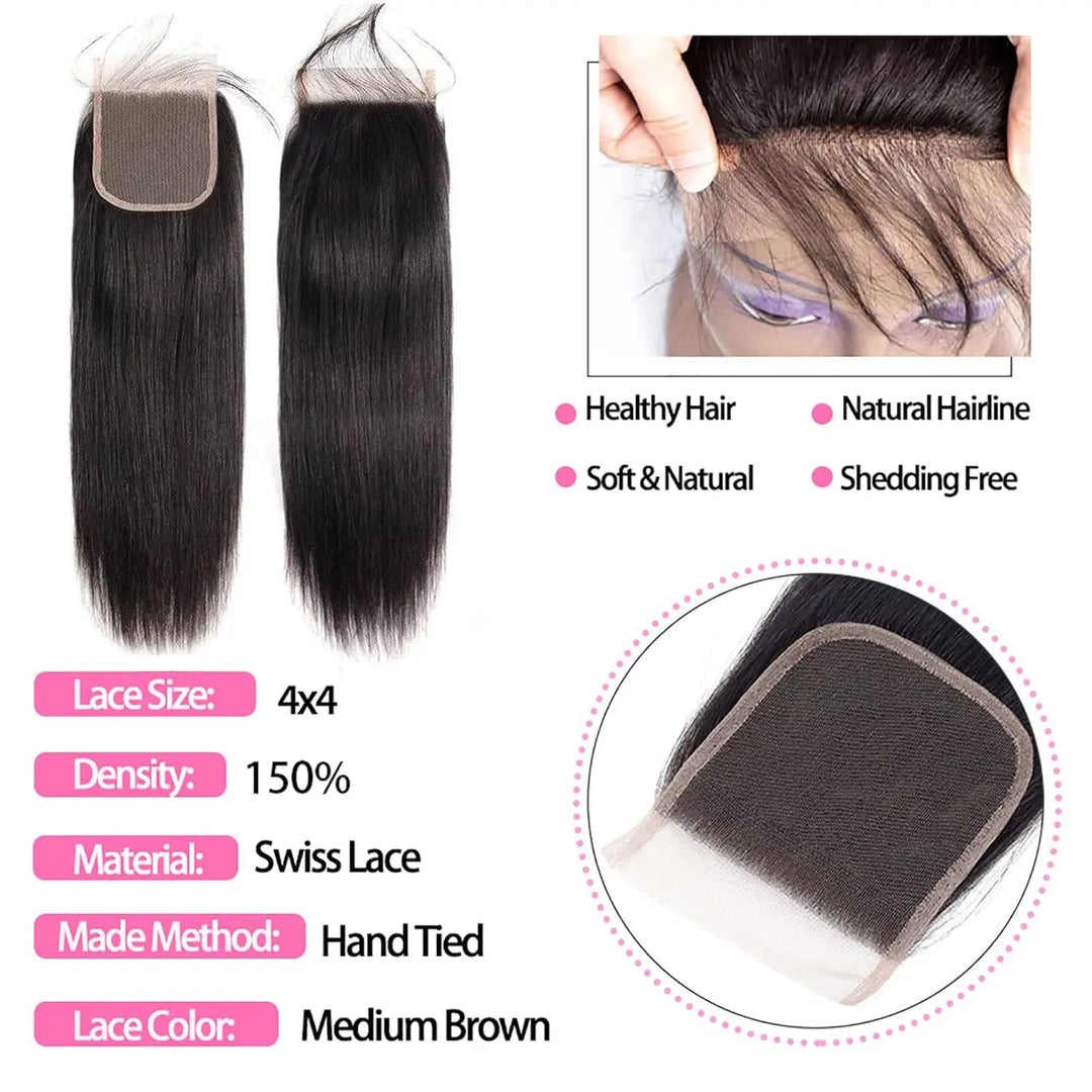Straight Human Hair Bundles with Closure - JoySky Hair