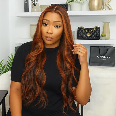 10A Ginger Brown Highlight Body Wave Lace Front Closure Wigs Human Hair 5x5 Pre-cut Lace Glueless Wig Ombre Ginger Orange #4/350