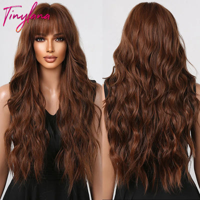 Long Curly Wine Burgundy Red Synthetic Wigs with Long Bangs for Women Afro Deep Wave Cosplay Party Natural Hair Heat Reisitant