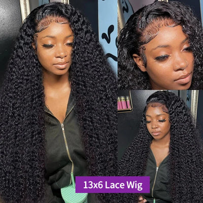 tewjig 30 inch natural deep wave lace frontal wigs 13x4 hd transparent lace front wig human hair brazilian black curly for women