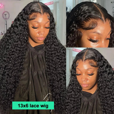 tewjig 30 inch natural deep wave lace frontal wigs 13x4 hd transparent lace front wig human hair brazilian black curly for women