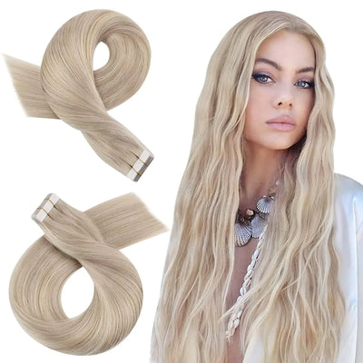 Moresoo Tape in Hair Extensions Balayage Remy Real Human Hair for Women Invisible Seamless PU Skin Weft Straight Hair Tape ins
