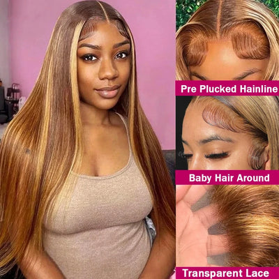 Highlight Wig Human Hair Omber Blonde Colored Preplucked 200 Density 13x6 HD Straight Lace Frontal Wigs For Women 30 34 inch