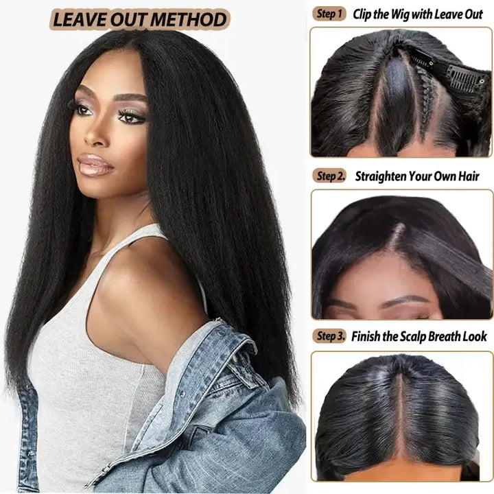 V-Part Kinky Straight Human Hair Wig