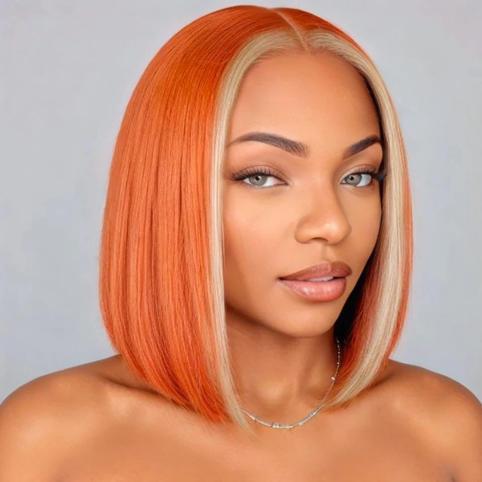 Lekker Orange Ginger Short Straight Bob 13x1 Lace Front 100% Human Hair Wigs For Women Brazilian Remy Hair Highlight 613 Wigs