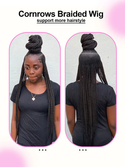 Goddess 36'' Cornrow Braided Wigs For Women 1B Full Lace Frontal Box Braid Wig Synthetic Long Side Part Afro Knotless Braids Wig