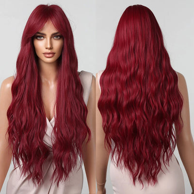 Long Curly Wine Burgundy Red Synthetic Wigs with Long Bangs for Women Afro Deep Wave Cosplay Party Natural Hair Heat Reisitant