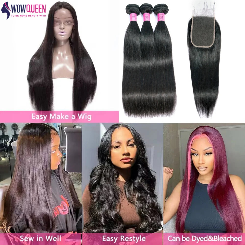 Straight Human Hair Bundles with Lace Closure