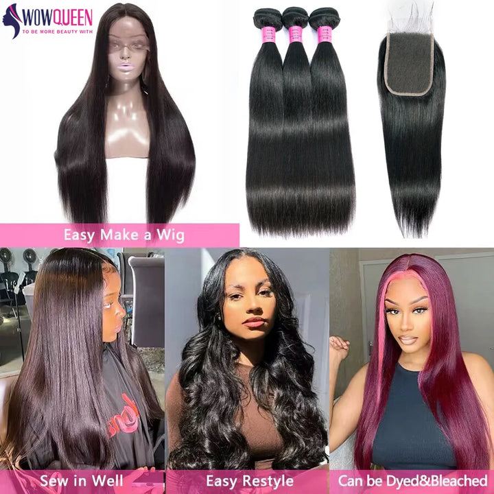 Straight Human Hair Bundles with Lace Closure
