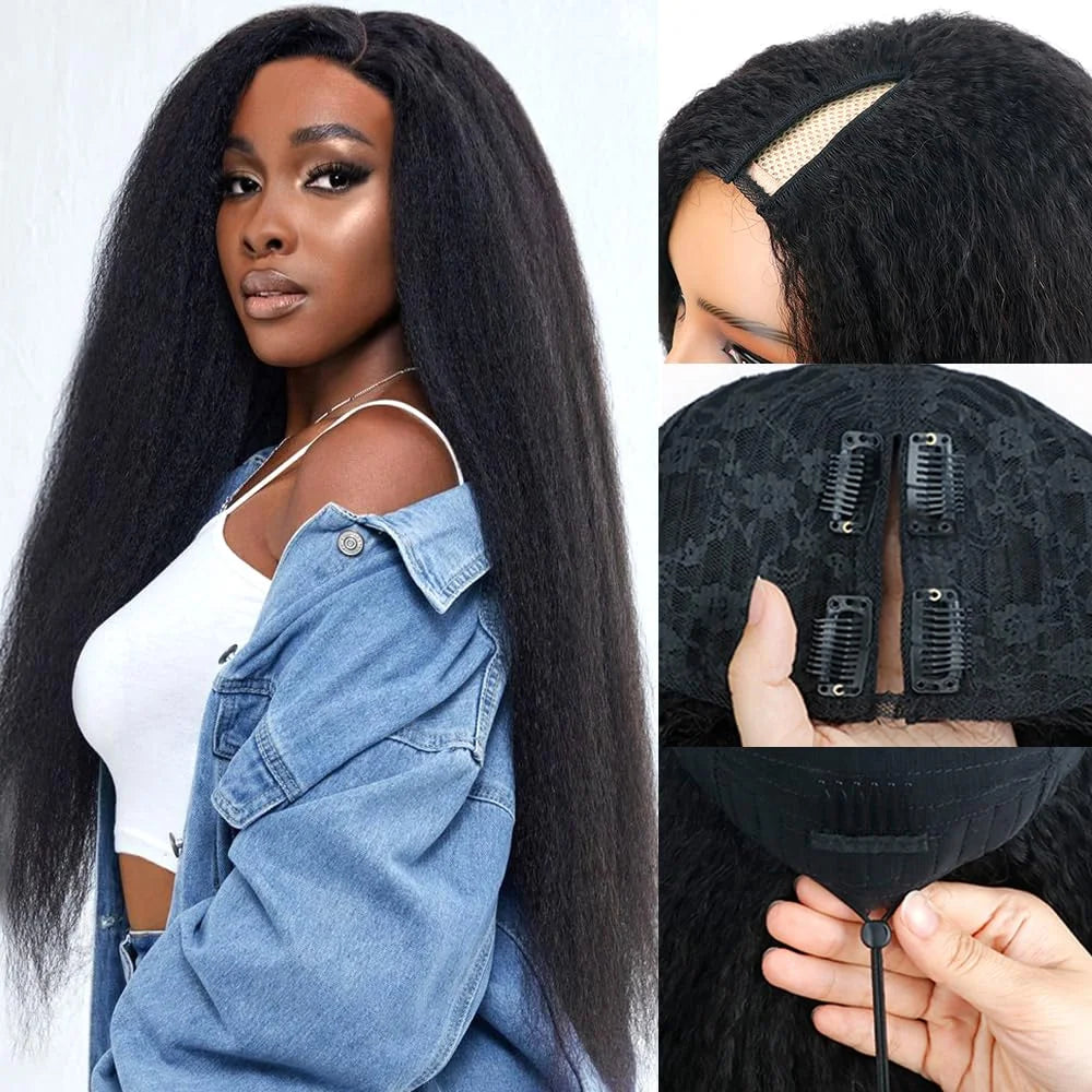 V Part Kinky Straight Wig Human Hair No Leave Out Upgraded U Part Wigs for Women Yaki Straight V-part Wigs V Shape Clip in Wig