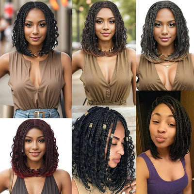 12”Braided Wigs for Black Women Heat Resistant Soft Short Bob Box Braided Wig Half Curly African American Braided Wigs Daily Use