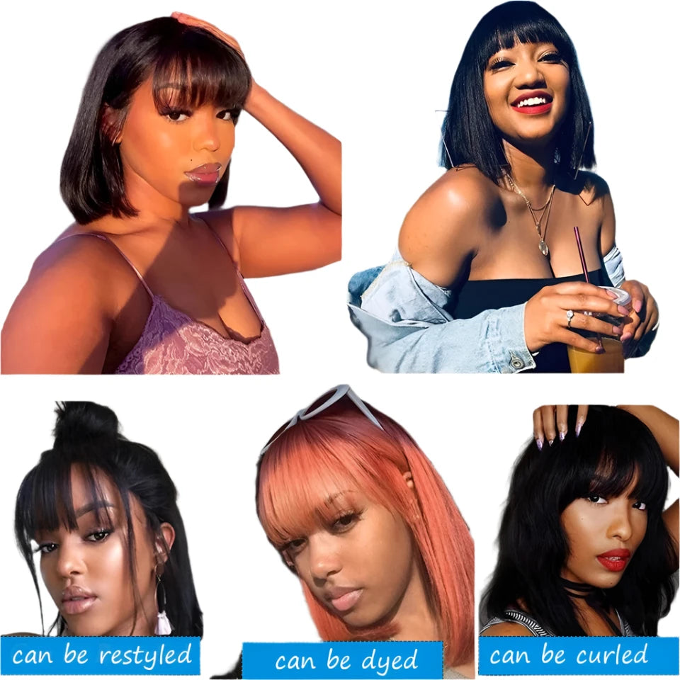 Brazilian Human Hair Wig with Bangs Remy Straight Hair Bob Wigs Full Machine Made Wig for Women 8-16 Inches No Lace Bob Wigs