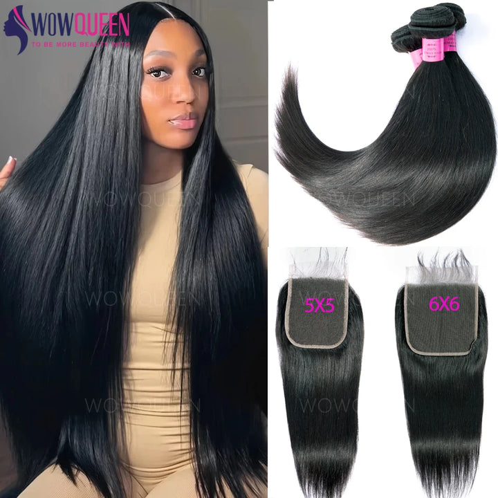 Straight Human Hair Bundles with Lace Closure