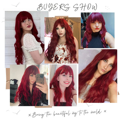Long Curly Wine Burgundy Red Synthetic Wigs with Long Bangs for Women Afro Deep Wave Cosplay Party Natural Hair Heat Reisitant