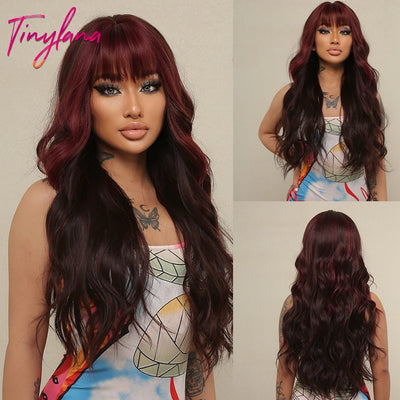 Long Curly Wine Burgundy Red Synthetic Wigs with Long Bangs for Women Afro Deep Wave Cosplay Party Natural Hair Heat Reisitant
