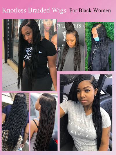 Goddess 36'' Cornrow Braided Wigs For Women 1B Full Lace Frontal Box Braid Wig Synthetic Long Side Part Afro Knotless Braids Wig