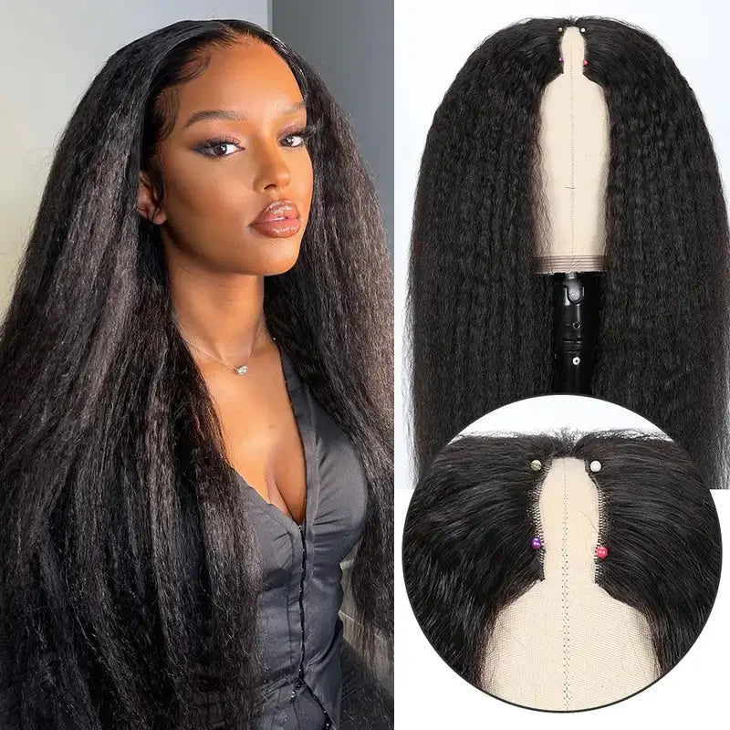 V-Part Kinky Straight Human Hair Wig