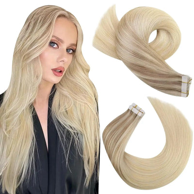 Moresoo Tape in Hair Extensions Balayage Remy Real Human Hair for Women Invisible Seamless PU Skin Weft Straight Hair Tape ins