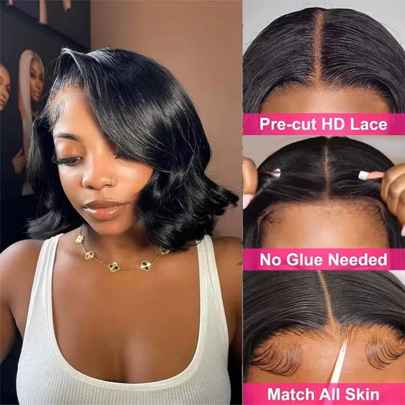16Inch Wear And Go Glueless Bob Wig Human Hair Short Body Wave Lace Front Wigs Pre Cut Brazilian Hair 4x4 5X5 HD Lace Closure Wig For Women Short Bob Glueless Body wave Human Hair Wig  220% Density Pre-Plucked No Lace Front C