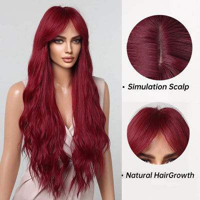 Long Curly Wine Burgundy Red Synthetic Wigs with Long Bangs for Women Afro Deep Wave Cosplay Party Natural Hair Heat Reisitant