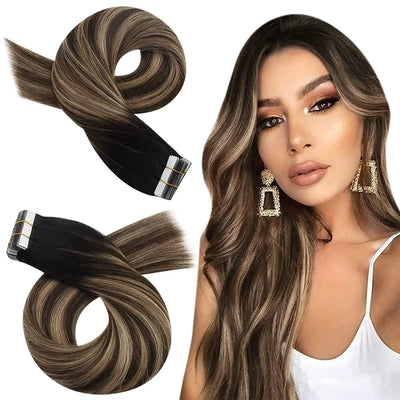 Moresoo Tape in Hair Extensions Balayage Remy Real Human Hair for Women Invisible Seamless PU Skin Weft Straight Hair Tape ins