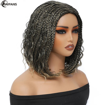 12”Braided Wigs for Black Women Heat Resistant Soft Short Bob Box Braided Wig Half Curly African American Braided Wigs Daily Use